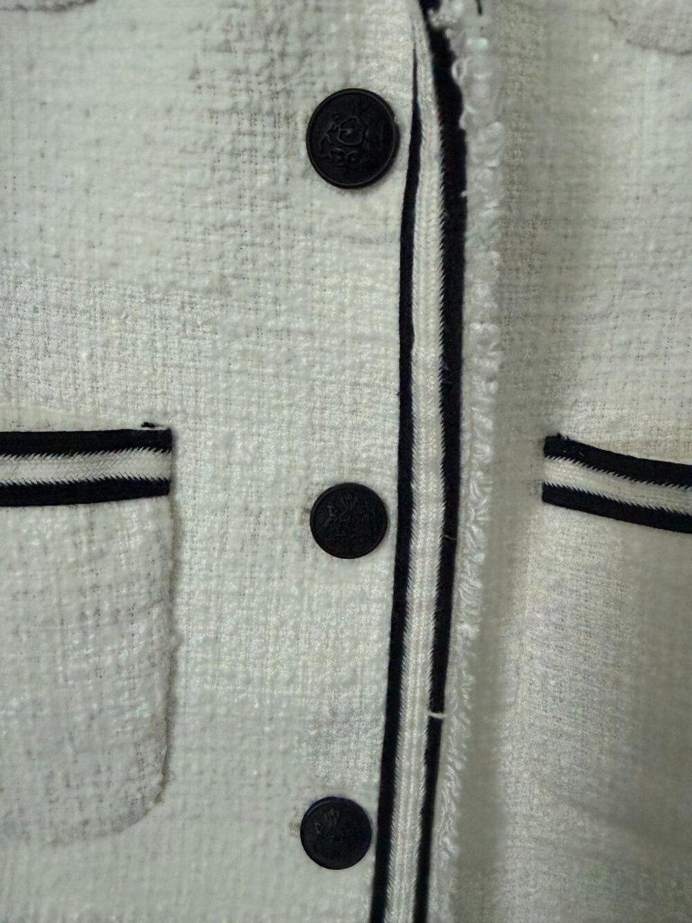 Talbots Tweed Blazer Ivory Black Piping Fringe Jacket Size 8 - Picture 3 of 6
